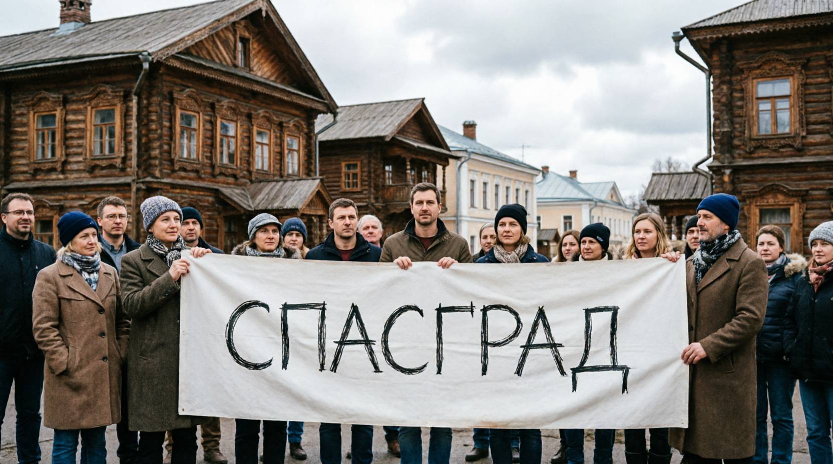 Горожане с баннером Спасград на улице старого города